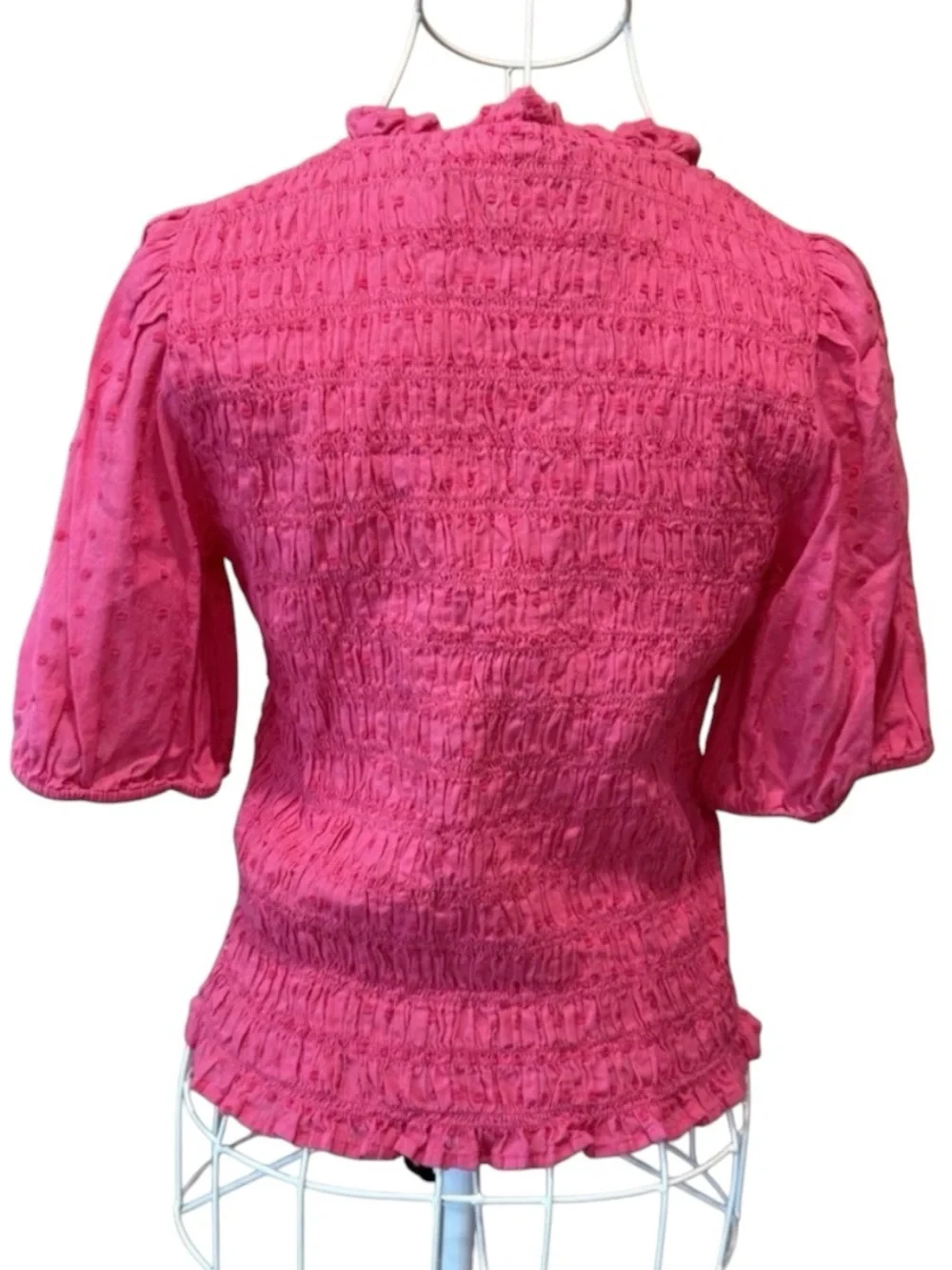 J.Crew Pink Smocked Swiss Dot Puff Sleeve Blouse Ruffle Neck S